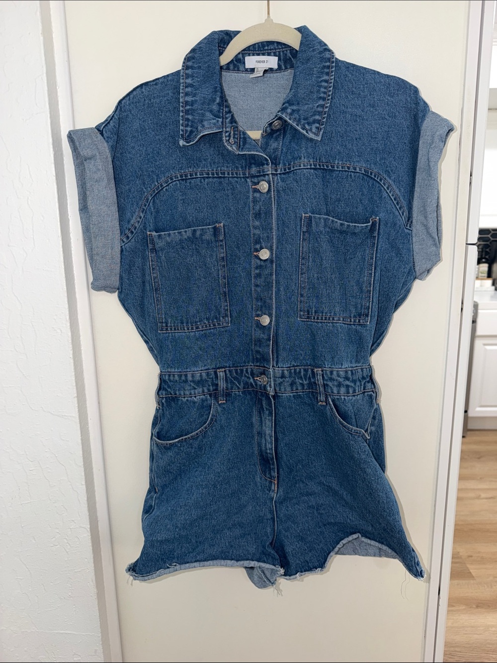 Forever 21 Light Blue Denim Romper with Roller Short Sleeves | M